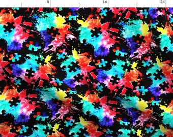 Puzzle Fabric - Rainbow Watercolor Splatter W/ Puzzle Piece Black By Littlearrowdesign -Cotton Fabric By The Yard With Spoonflower
