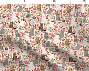 Cat Fabric - Cats In Flowers Garden Florals Watercolor Cream Cat Lady Cats Fabric By Petfriendly  cotton fabric by the yard with Spoonflower