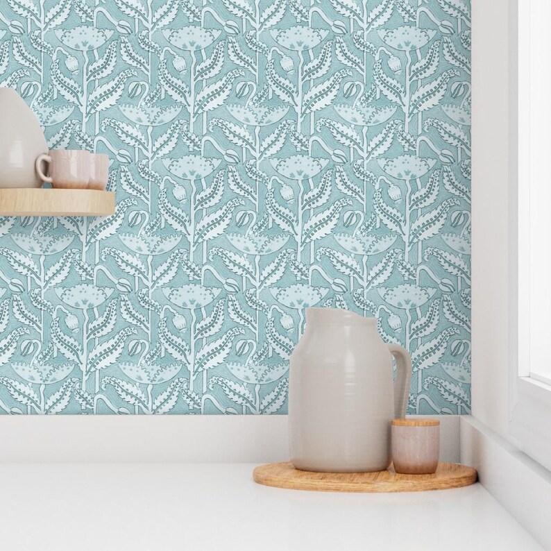 Antique Wallpaper - Antique Poppy In Aquamarine By Willowlanetextiles - Custom Printed Removable Self Adhesive Wallpaper Roll by Spoonflower image 7