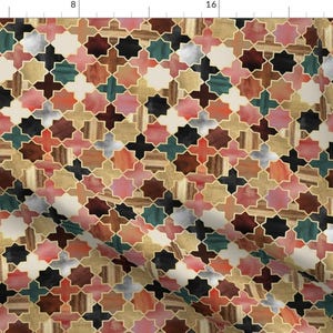 May include: A repeating pattern of geometric shapes in shades of pink, red, brown, teal, black, and gold. The pattern is reminiscent of a traditional Moroccan tile design.