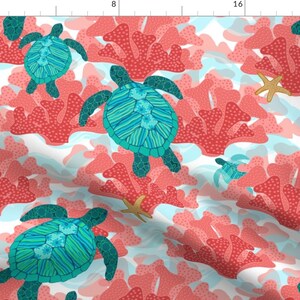 Sea Turtles Fabric - Follow Me Through The Reef! By Shellypenko - Sea Turtles Coral Mint Green Cotton Fabric By The Yard With Spoonflower