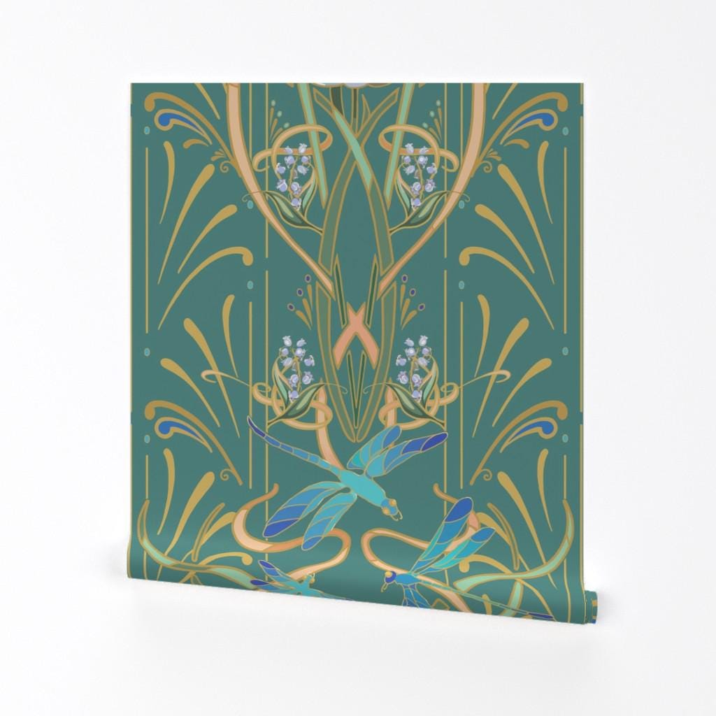 Aqua Art Nouveau Removable Peel and Stick Wallpaper - Dragonflies Large Scale - Wall Art Wall Decor - Art Nouveau Dragonflies by southwind