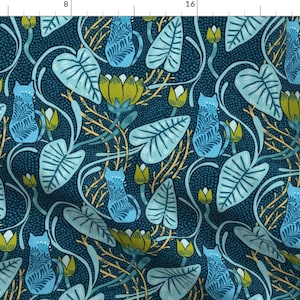Nouveaudc Blue Leaves Fabric - Art Nouveau Cats And Florals By Kostolom3000 - Victorian Blue Cotton Fabric By The Yard With Spoonflower