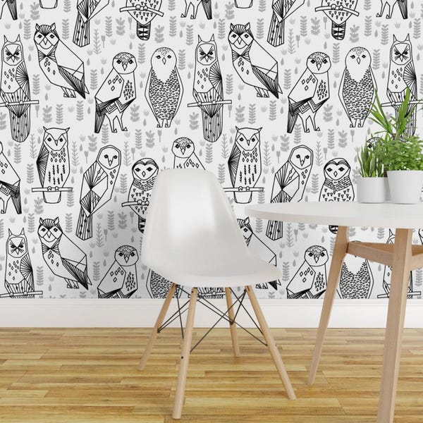 Owl Wallpaper - Owl Black And White Geometric By Andrea Lauren- Nursery Custom Printed Removable Self Adhesive Wallpaper Roll by Spoonflower