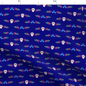 Sugar Skulls Fabric - Sugar Skulls Border 002 By Lowa84 - Sugar Skulls Guitars Floral Mexico Blue Cotton Fabric By The Yard With Spoonflower Bild 1