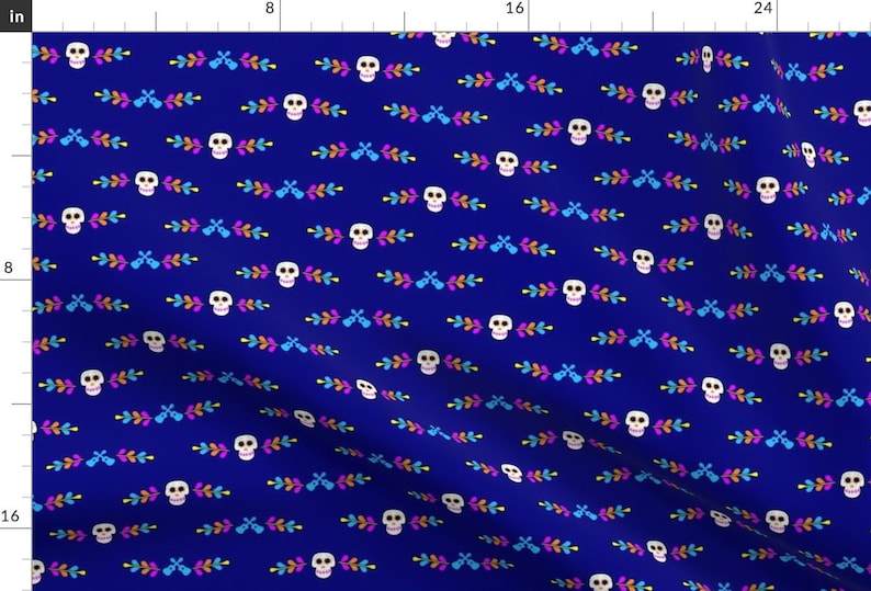 Sugar Skulls Fabric - Sugar Skulls Border 002 By Lowa84 - Sugar Skulls Guitars Floral Mexico Blue Cotton Fabric By The Yard With Spoonflower Bild 1