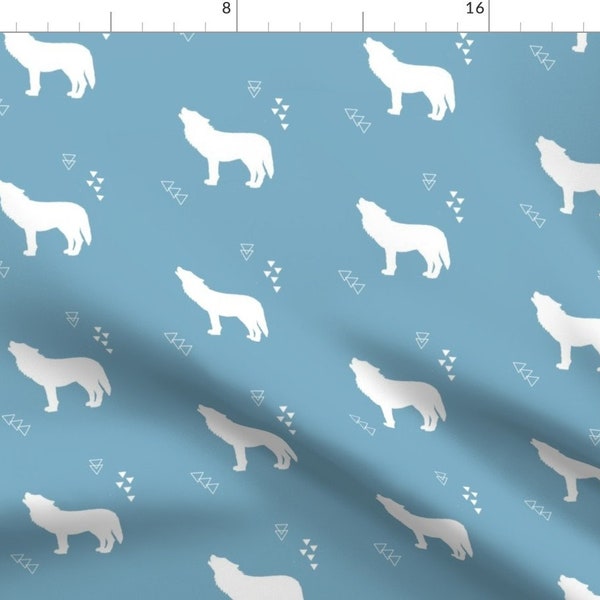 Blue and White Howling Wolf Fabric - Lone Wolf - Sky By Buckwoodsdesignco - Modern Woodland Decor Cotton Fabric By The Yard With Spoonflower