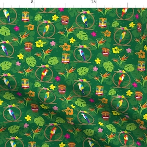 Tiki Fabric - Tiki Frenzy Green By Islandgirlaloha - Tropical Tiki Bar Island Paradise Retro Cotton Fabric By The Yard With Spoonflower