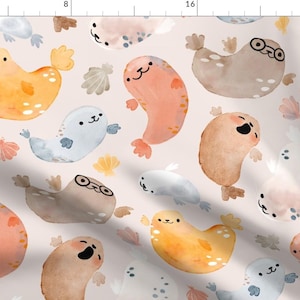 Watercolor Seal Fabric - Candy Seals Large Scale Cute Nautical By Daria Nokso - Seal Animal Cotton Fabric By The Yard With Spoonflower