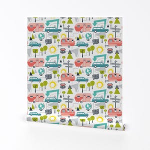 Camping Wallpaper - Road Trip - Retro Summer Camping By Heatherdutton - Custom Printed Removable Self Adhesive Wallpaper Roll by Spoonflower