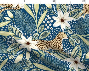 Leopard Jungle Fabric - Flora Tropical Escape Jungle Plants Exotic Cheetah Large By Trendy Creation Prints - Blue Fabric with Spoonflower