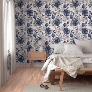 Romantic Floral Peel and Stick Wallpaper - Navy Botanical Feminine Meadow - Removable Wall Decor Art - Midnight Peonies by indybloomdesign image 5