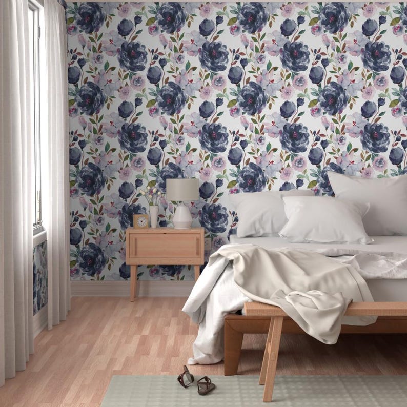 Romantic Floral Peel and Stick Wallpaper - Navy Botanical Feminine Meadow - Removable Wall Decor Art - Midnight Peonies by indybloomdesign image 5