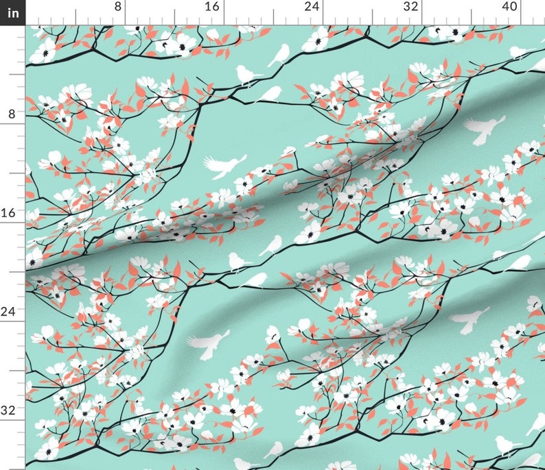 Birds Blossoms Fabric White Blossoms on Mint by Etsy