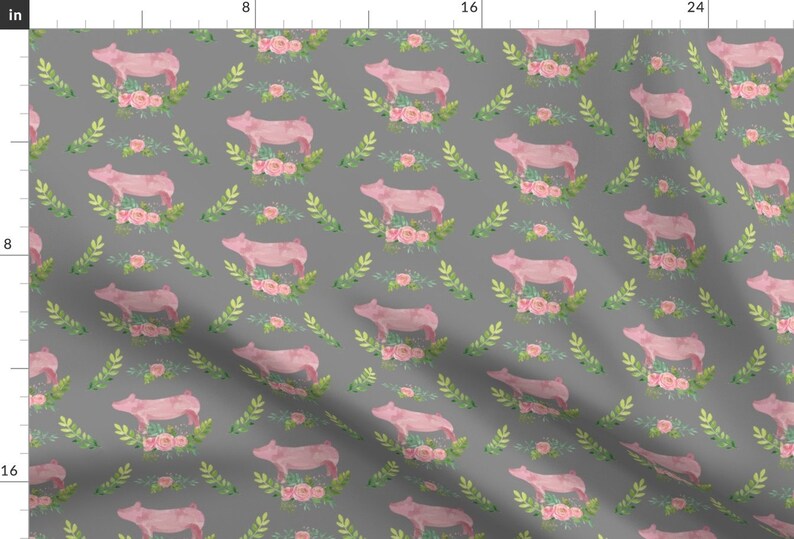 Pink Pigs Fabric Showstock Roses Pigs By Etsy