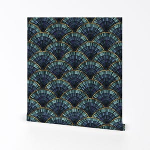Art Deco Scallops Removable Peel and Stick Wallpaper - Jewel Tone Art Nouveau Blue - Wall Art Wall Decor - Art Deco Bugle Beads by sveta_aho