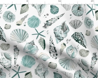 Blue Seashells Fabric - Summer Shells by ninola-design - Coastal Watercolor Under The Sea Ocean Beach Fabric by the Yard by Spoonflower