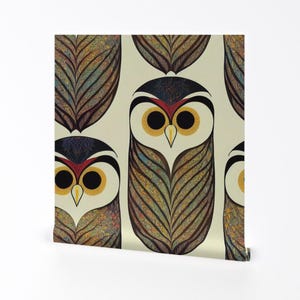 Forest Owls Peel and Stick Wallpaper - Art Deco Earth Tones Nursery Childrens Novelty Library - Removable Wall Decor Art - Owls by nickleen image 2