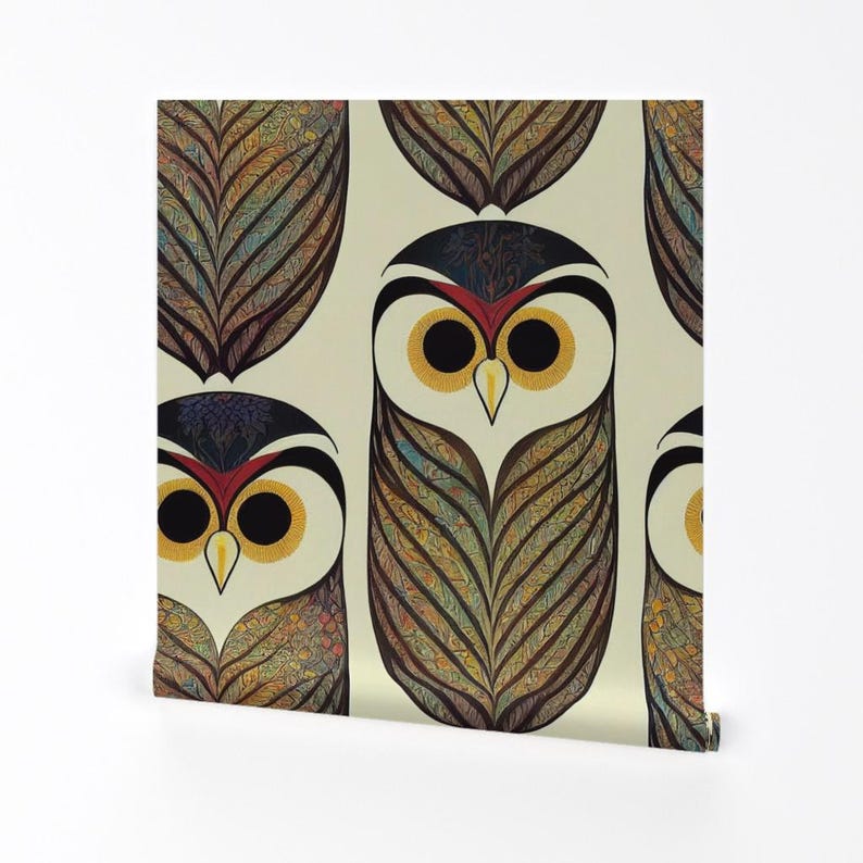 Forest Owls Peel and Stick Wallpaper - Art Deco Earth Tones Nursery Childrens Novelty Library - Removable Wall Decor Art - Owls by nickleen image 2