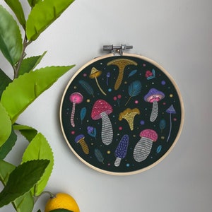 Forest Embroidery Template on Cotton - Mushrooms By Julia Gosteva -Hippie Retro Embroidery Pattern for 6" Hoop Custom Printed by Spoonflower