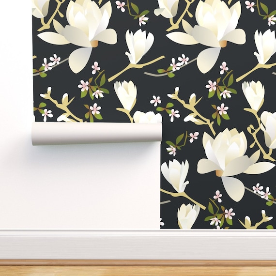 Monochrome Magnolia By Indybloomdesign Black White Custom Printed Removable Self Adhesive Wallpaper Roll by Spoonflower Floral Wallpaper