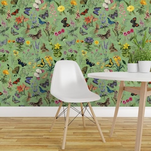 Victorian Spring Peel and Stick Wallpaper - Flower Garden Vintage Pollinators - Removable Wall Decor Art - Nostalgic Butterflies by utart