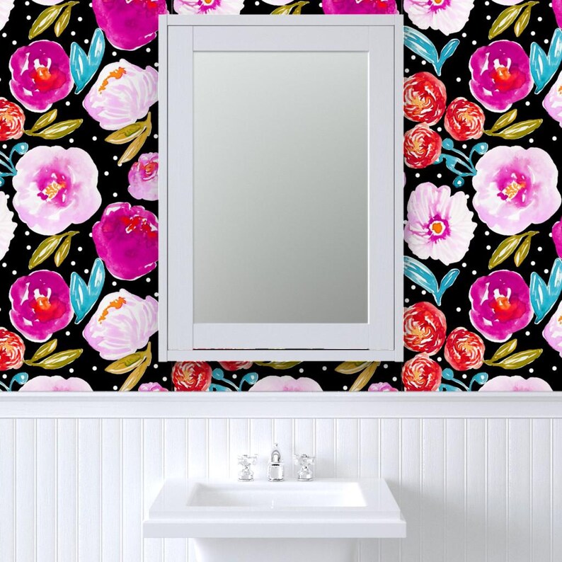 Large Scale Floral Fabric - Poppy Bloom Black By Indybloomdesign - Bright Pink Floral Removable Self Adhesive Wallpaper Roll by Spoonflower image 8