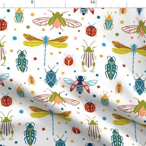 Insects Fabric - Colourful Insects And Dots By Natalia Gonzalez - White Yellow Green Bugs Kids Cotton Fabric By The Yard With Spoonflower