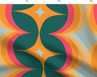 May include: A repeating pattern of teal, orange, and pink curved shapes with a light blue diamond in the center of each shape.