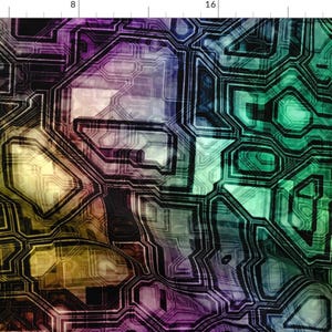 May include: Abstract digital pattern with a colourful gradient of purple, yellow, green, and blue. The pattern is made up of overlapping geometric shapes and lines.
