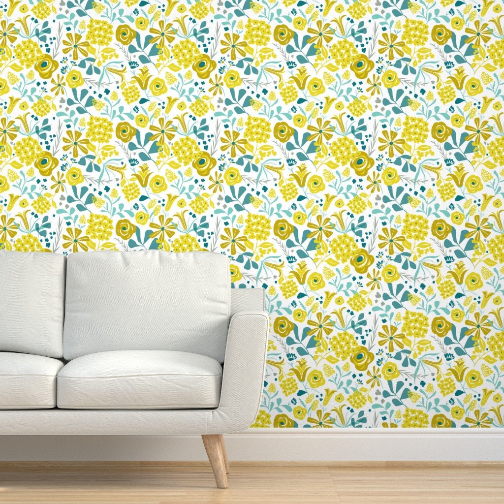 Floral Wallpaper Modern Floral Mustard Yellow Teal By Etsy