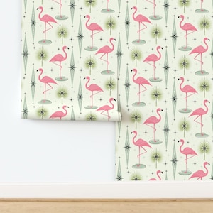 Pink Flamingos Wallpaper - Atomic Flamingo Von Studioxtine - Retro Individuell bedruckte, entfernbare selbstklebende Tapetenrolle von Spoonflower Bild 4