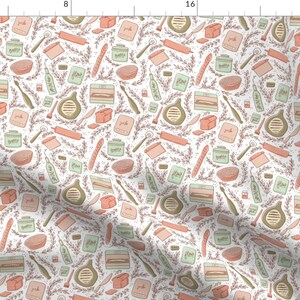 Peut inclure: Un fond blanc avec un motif répété d'ustensiles de cuisine et d'ingrédients dans des tons de rose, vert et marron. Le motif comprend des rouleaux à pâtisserie, des spatules, des bols, des bocaux et des brins de verdure.