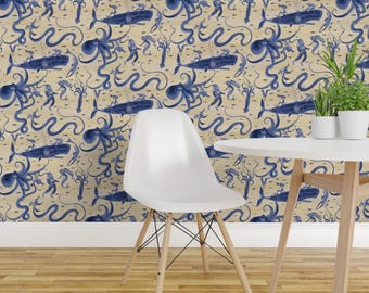 Steampunk Peel and Stick Wallpaper - Sea Submarine Watercolor Octopus - Removable Wall Decor Art - The Not So Deep Depths by ceanirminger