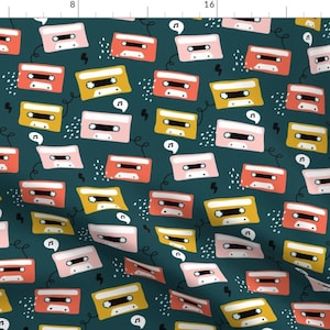 Tapes Fabric - Audio Cassette By Yuliia Studzinska - Mix Tape Cassettes Musical Green Vintage Cotton Fabric By The Yard With Spoonflower