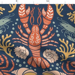 Lobster Damask Fabric - Crustacean Core by lifes_peachey - Whimsical Coastal Summer Beach Crustacean Fabric by the Yard by Spoonflower