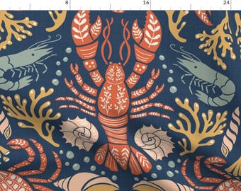 Lobster Damask Fabric - Crustacean Core by lifes_peachey - Whimsical Coastal Summer Beach Crustacean Fabric by the Yard by Spoonflower