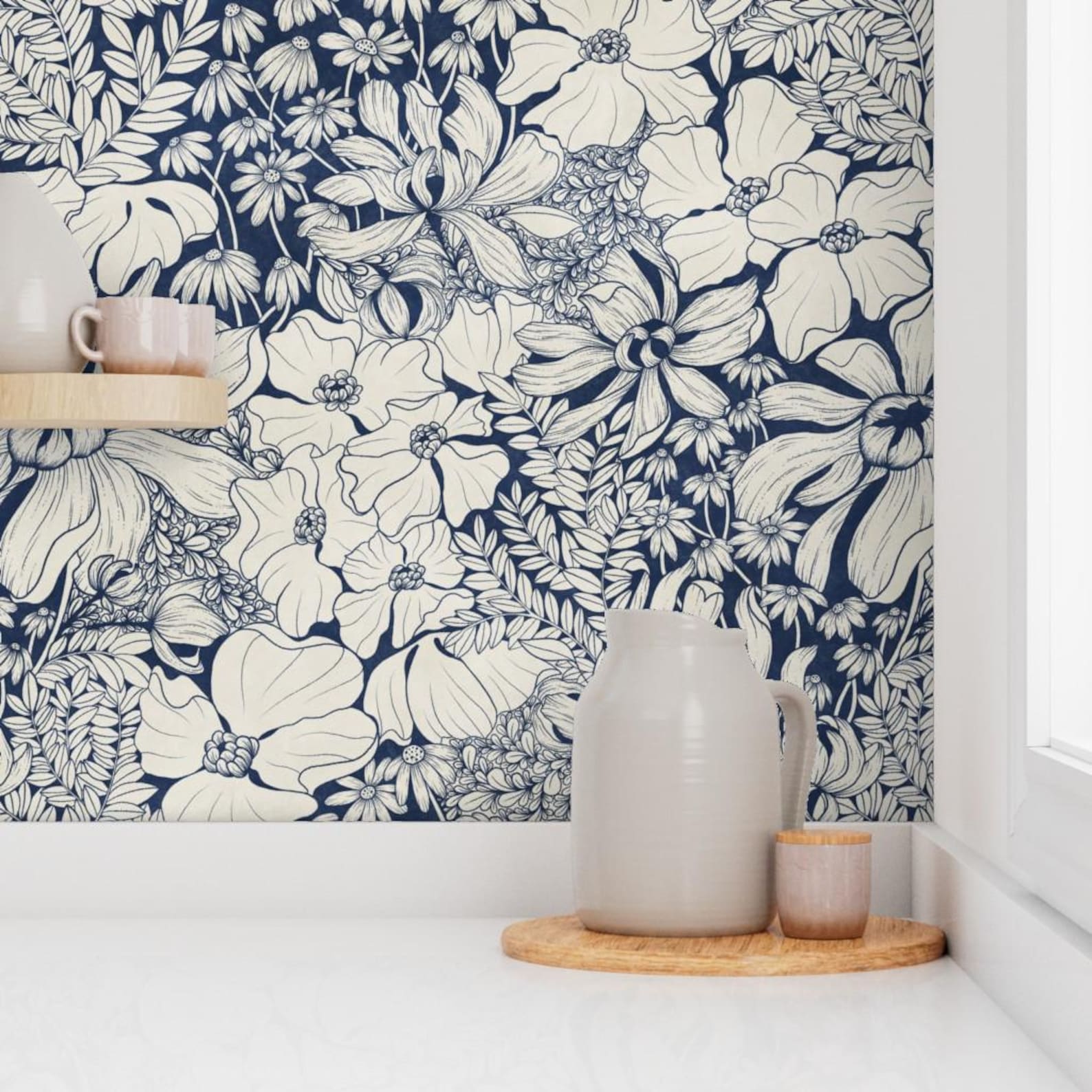 Floral Removable Peel and Stick Wallpaper - Modern Botanical Dark Blue ...