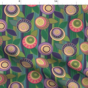 Springtime Flowers Fabric - Embroidered Patchwork Flower By Margaret Ann Missman Designs - Garden Bright Green Pink Fabric With Spoonflower