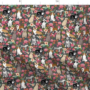 Dog Fabric - Dogs And Florals Fabric Pets And Flowers Quilting Fabric - Gray By Petfriendly - Dog Cotton Fabric By The Yard With Spoonflower