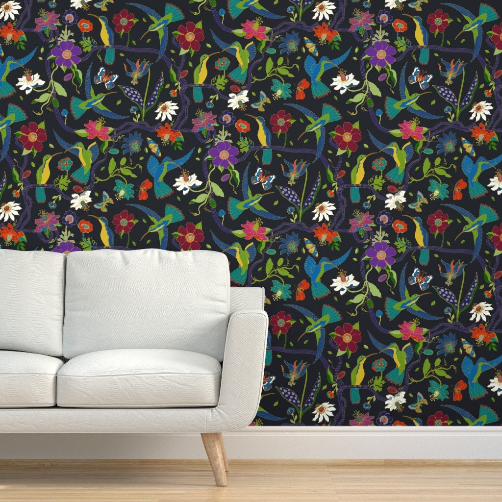 Hummingbirds Wallpaper Hummingbirds and Passion Flowers by - Etsy