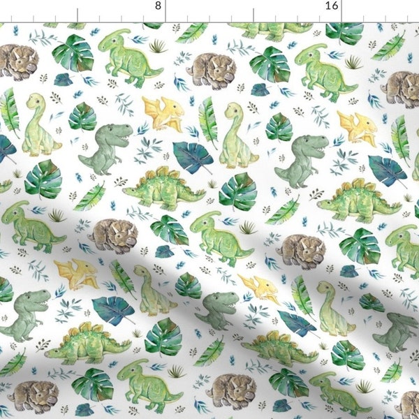 Dinosaur Fabric - Green Blue Baby Dinosaurs / White - Version 2 By Shopcabin - Dinosaur Green Cotton Fabric By The Yard With Spoonflower