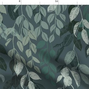 May include: A seamless pattern featuring a repeating design of stylized leaves in shades of green and white on a dark blue background.