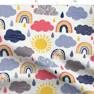 Weather Fabric - Weather By Vilmosvarga - Rainbow Clouds Kids Nursery Blue Sunshine Raindrops Cotton Fabric By The Yard With Spoonflower