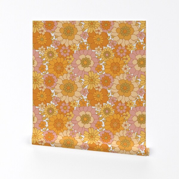 1970s Floral Wallpaper - Avery Retro Floral On White by red_raspberry_design - Orange Removable Peel and Stick Wallpaper by Spoonflower