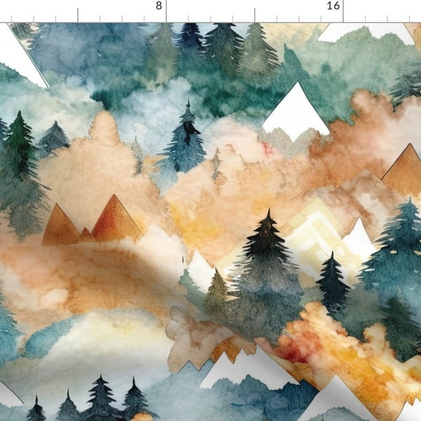 Watercolor Mountain Fabric - Mountain Landscape by happygirlprints - Green Orange Woodland Pine Forest Fabric by the Yard by Spoonflower