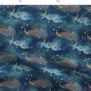 Whimsical Fabric - Magical Sky by bloomsical - Celestial Stars Clouds Moon Night Sky Galaxy Magical Night Fabric by the Yard by Spoonflower