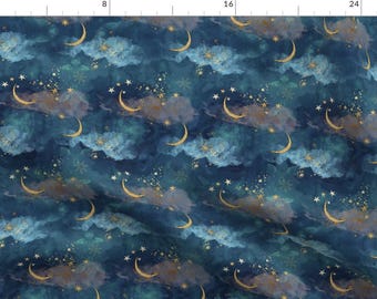 Whimsical Fabric - Magical Sky by bloomsical - Celestial Stars Clouds Moon Night Sky Galaxy Magical Night Fabric by the Yard by Spoonflower