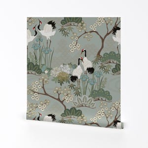 Japanischer Garten-Tapete - Großer Salbei-Garten durch Juditgueth - Kranich-asiatische Bäume entfernbare selbst klebende Tapetenrolle durch Spoonflower