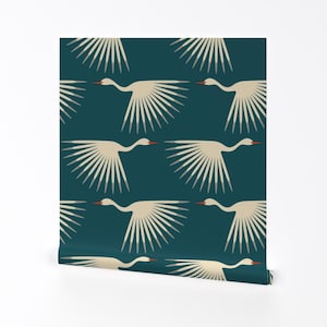 Art Deco Wallpaper - Art Deco Cranes Teal Medium Scale By Katerhees - Art Deco Custom Printed Self Adhesive Wallpaper Roll by Spoonflower